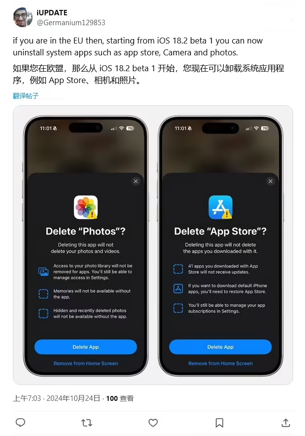 资兴苹果手机维修分享iOS 18.2 支持删除 App Store 应用商店 