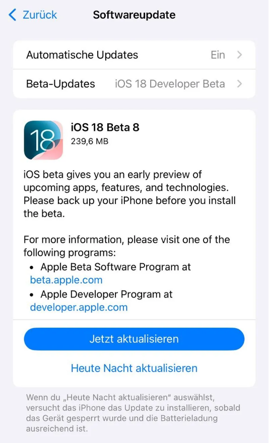 资兴苹果手机维修分享苹果 iOS / iPadOS 18 开发者预览版 Beta 8 发布 